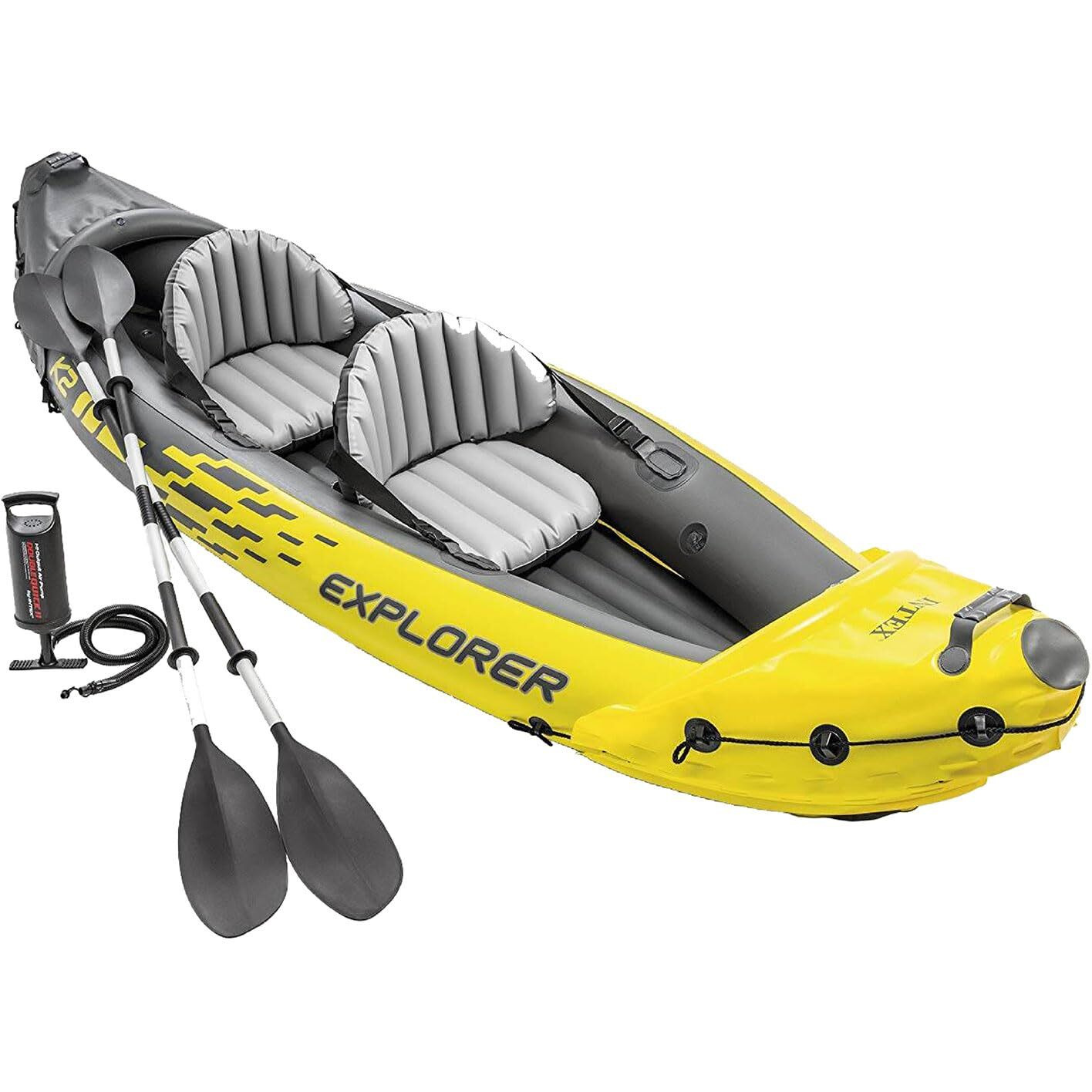 Intex 2-Person Inflatable Kayak Set W/ Pump, Aluminum Oars, Adjustable Seats, Explorer K2 - Tandem Blow-Up Raft For Adults, Great For Lakes Or Rivers