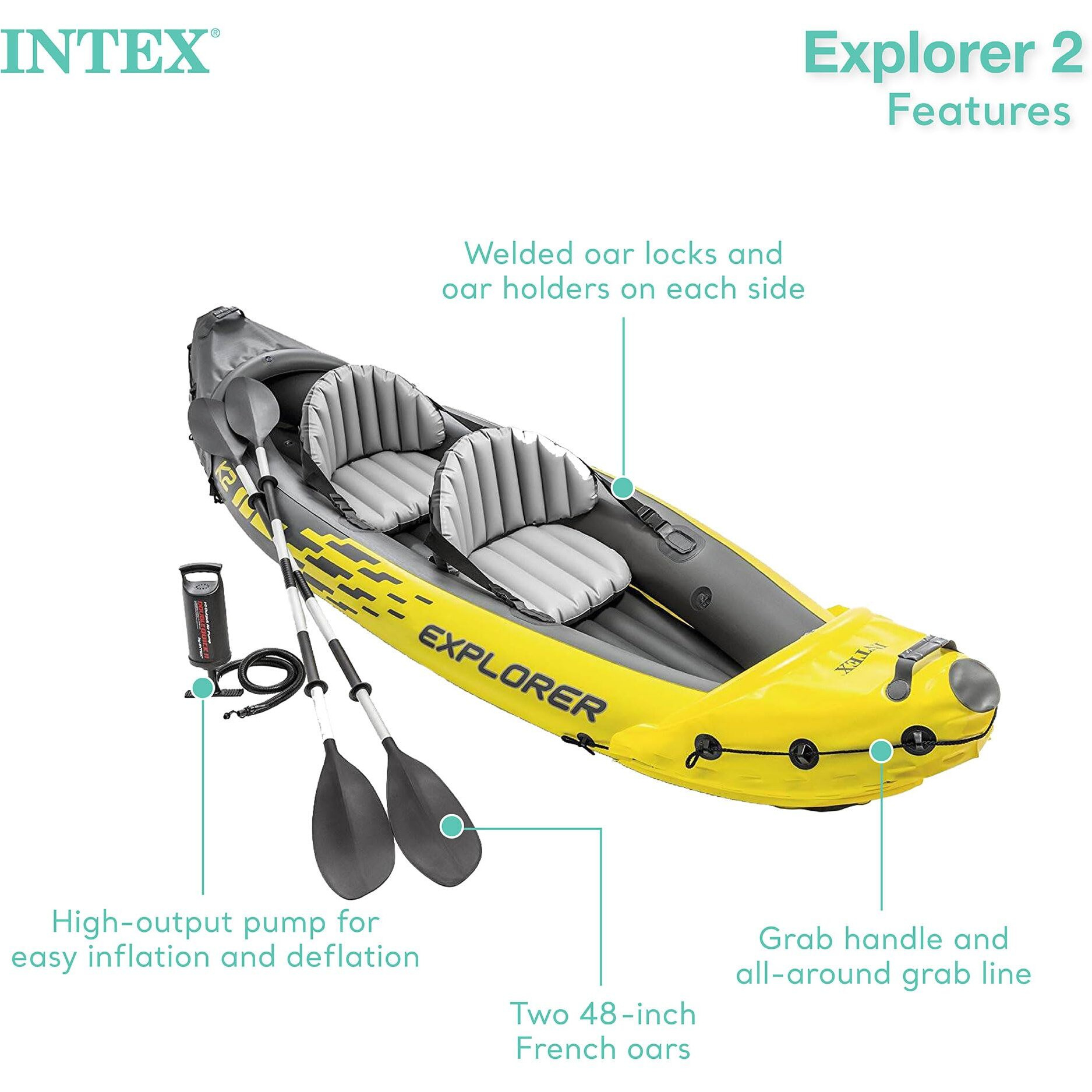 Intex 2-Person Inflatable Kayak Set W/ Pump, Aluminum Oars, Adjustable Seats, Explorer K2 - Tandem Blow-Up Raft For Adults, Great For Lakes Or Rivers