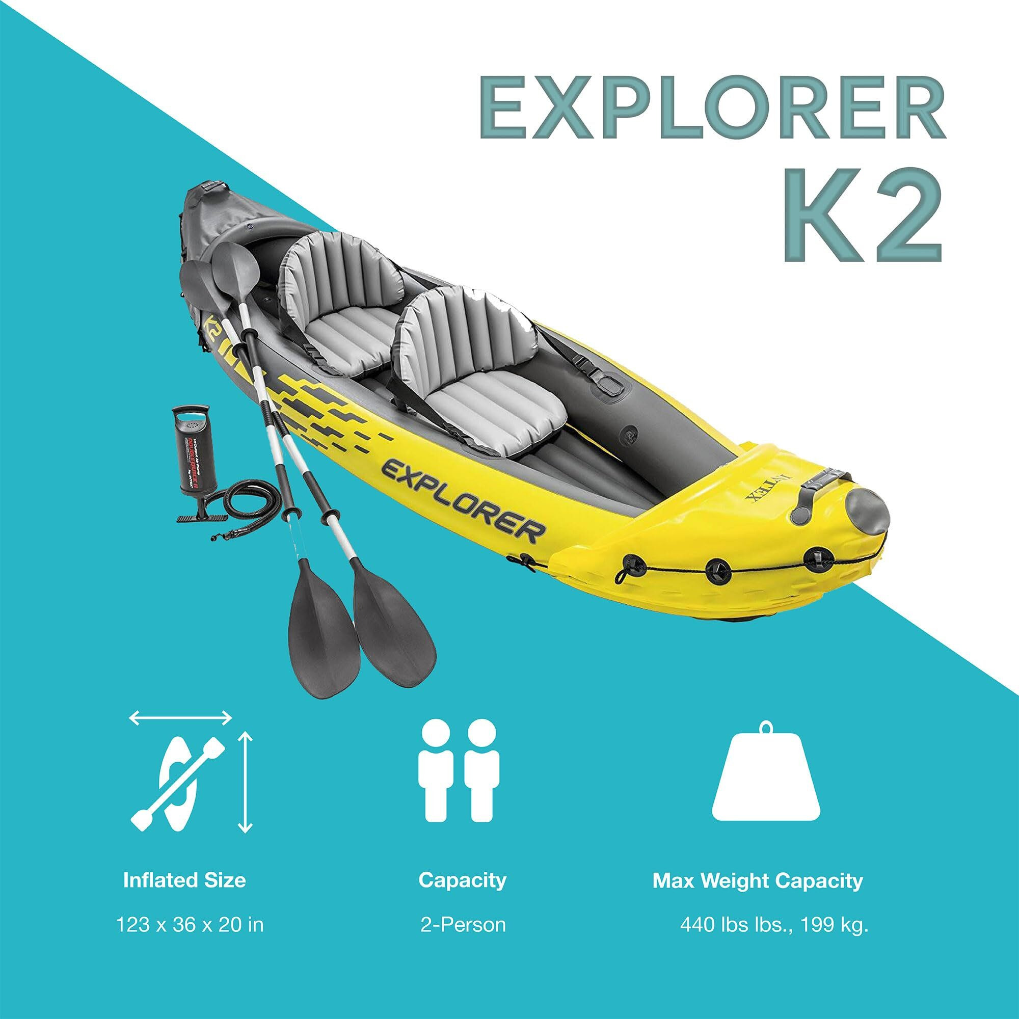Intex 2-Person Inflatable Kayak Set W/ Pump, Aluminum Oars, Adjustable Seats, Explorer K2 - Tandem Blow-Up Raft For Adults, Great For Lakes Or Rivers