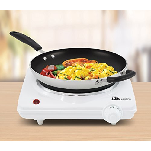 Elite Gourmet Esb-301F Countertop Single Cast Iron Burner, 1000 Watts Electric Hot Plate, Temperature Controls, Power Indicator Lights, Easy To Clean, White