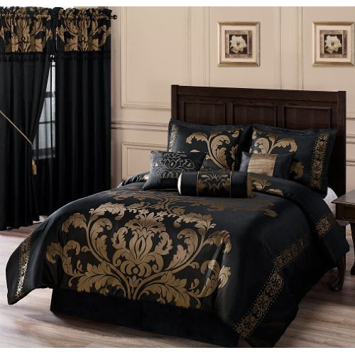 Chezmoi Collection Royale 7-Piece Jacquard Floral Comforter Set, Queen, Blackgold