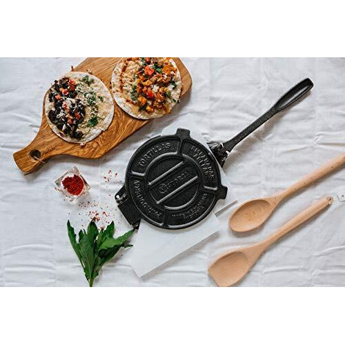 Victoria 8 Inch Cast Iron Tortilla Press. Tortilla Maker, Flour Tortilla Press, Rotis Press, Dough Press, Pataconera Seasoned With Flaxeed Oil, Black -