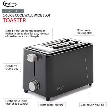 Betty Crocker 2-Slice Cool Wall Toaster, Black, Bc-2605Cb