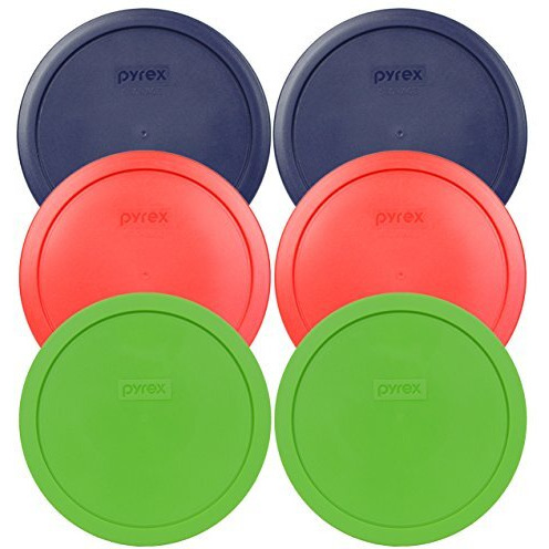 Pyrex 7402-Pc Round 6/7 Cup Storage Container Lids For Glass Bowls (2-Blue, 2-Green, 2-Red)