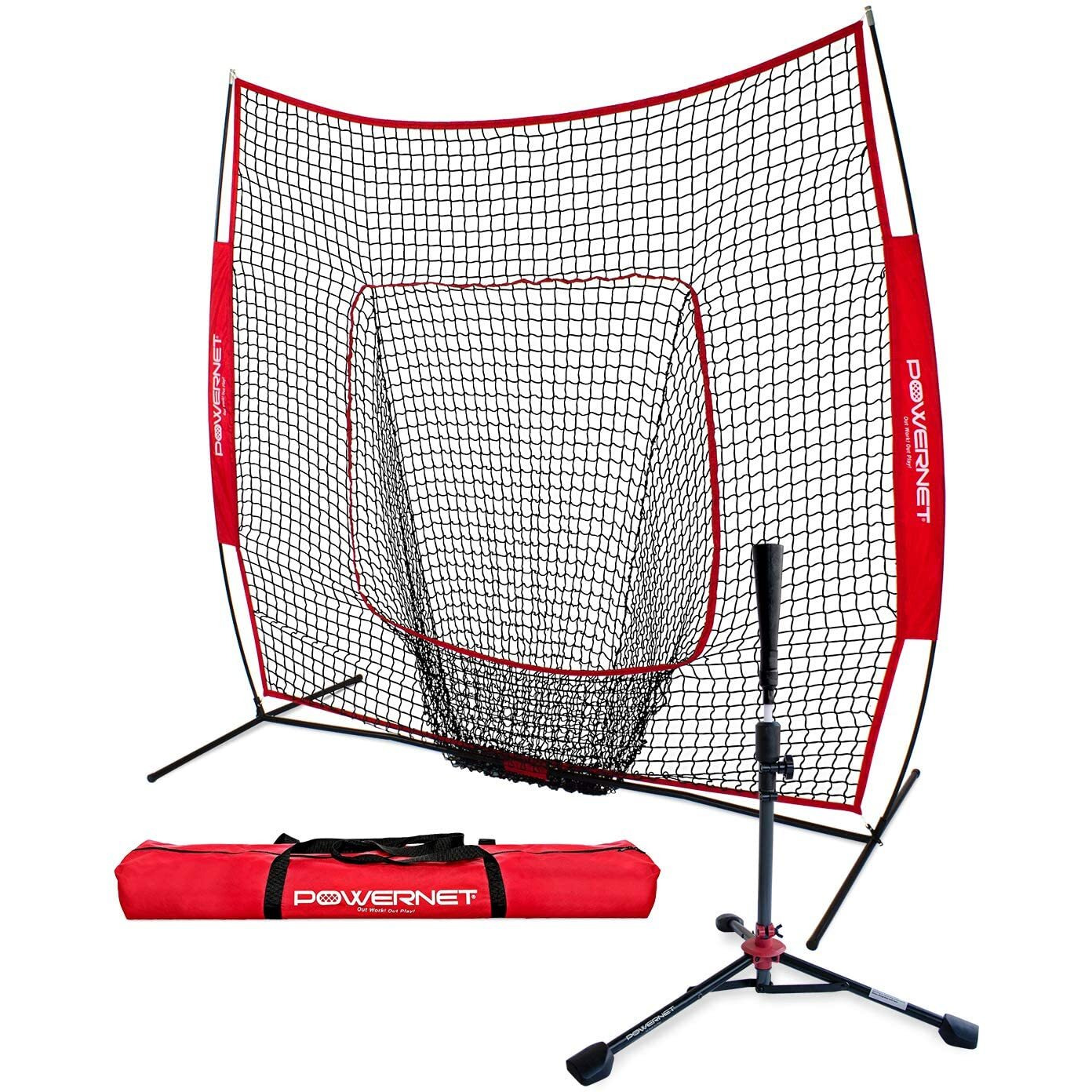 Powernet Baseball Softball Practice Net 7X7 With Travel Tee | Practice Hitting, Pitching, Batting, Fielding | Portable Backstop (Red)