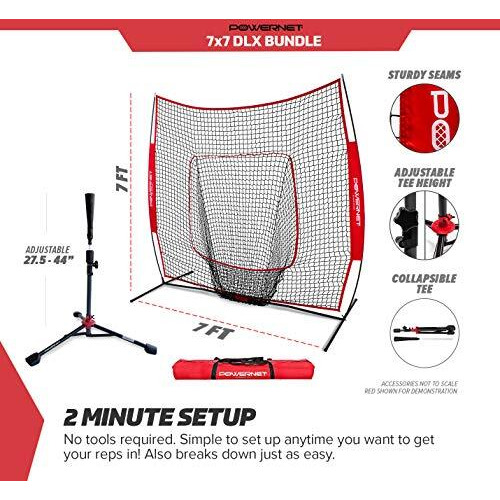 Powernet Baseball Softball Practice Net 7X7 With Travel Tee | Practice Hitting, Pitching, Batting, Fielding | Portable Backstop (Red)
