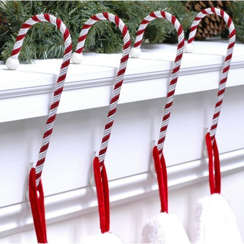 Haute Decor Candy Cane Stocking Holder (Classic Red & White, 4-Pack) - Lightweight Christmas Stocking Hanger, Holds Up To 10 Pounds