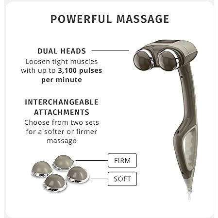 Homedics Percussion Action Massager With Heat | Adjustable Intensity , Dual Pivoting Heads | 2 Sets Interchangeable Nodes , Heated Muscle Kneading For Back , Shoulders , Feet , Legs , & Neck