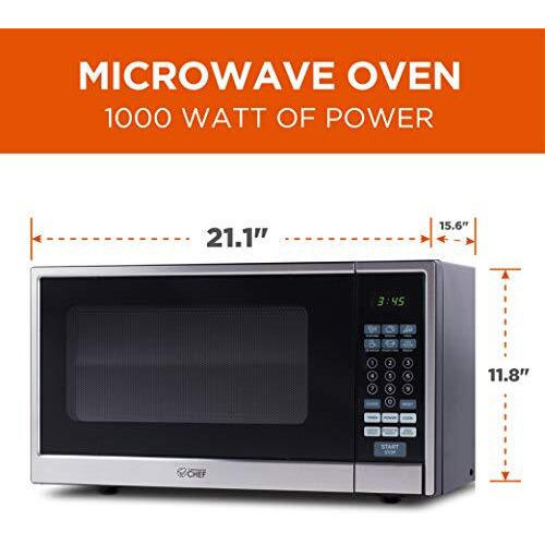 Commercial Chef Countertop Microwave, 11 Cubic Feet, Black With Stainless Steel Trim