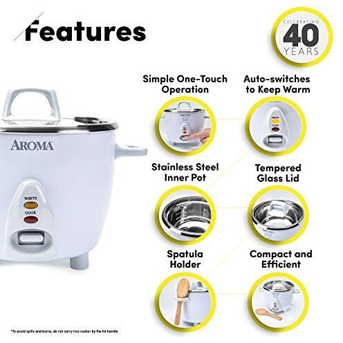 Aroma Housewares Select Stainless Rice Cooker & Warmer With Uncoated Inner Pot, 6-Cup(Cooked) / 1.4Qt, Arc-753Sg, White