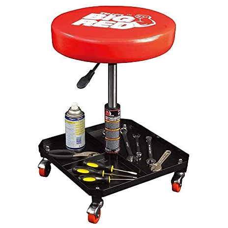 Big Red Tr6350 Torin Rolling Pneumatic Creeper Garage/Shop Seat Padded Adjustable Mechanic Stool With Tool Tray Storage, Red Large