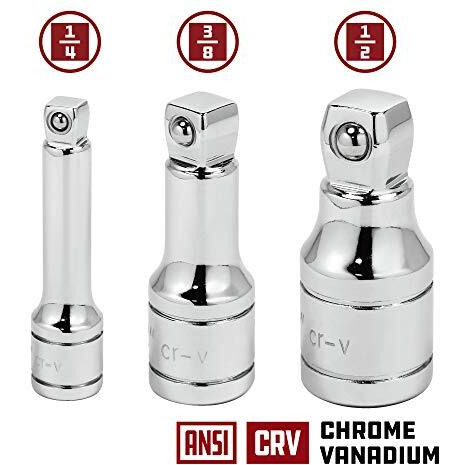 Powerbuilt 1/2-Inch Drive Wobble Extension Set, 3 Piece, 1/4-Inch, 3/8-Inch, 1/2-Inch, Up To 25 Degree - 640849
