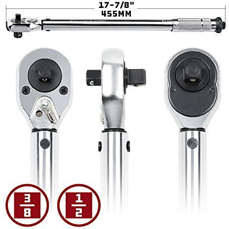 Powerbuilt Dual Drive Torque Wrench, 3/8 And 1/2 Inch Drives, 10Ft Lbs, 19-Inches Long, 10-150 Feet Range, Micrometer Style Torque Ranges 944001