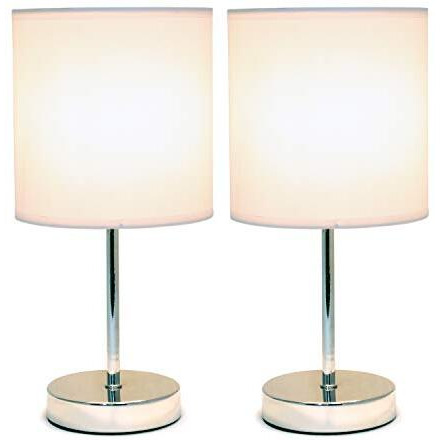 Simple Designs Lt2007-Wht-2Pk Chrome Mini Basic Table Lamp With Fabric Shade 2 Pack Set, White