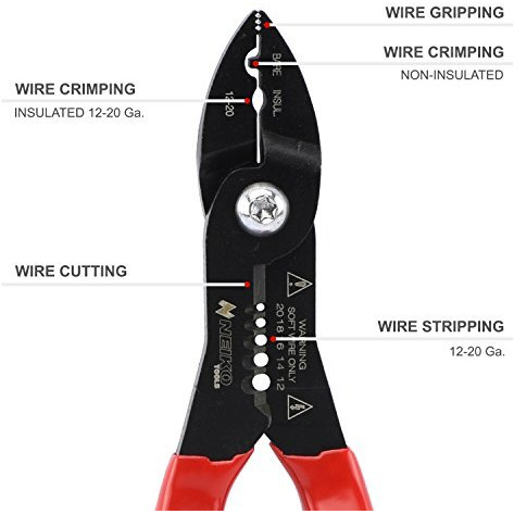 Neiko 02037A Compact Wire Stripper | 4-In-1 Multi Purpose Electricians Pliers | Wire Crimper, Cutter And Gripper | 12-20 Awg Wire Service Tool | Crimps Insulated & Non-Insulated | Electrical Stripping