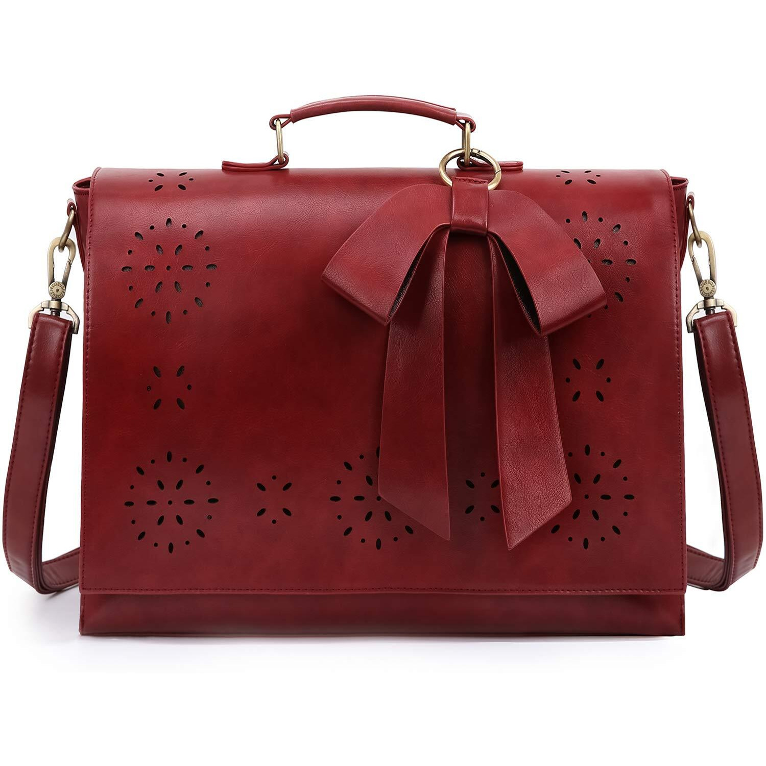 Ecosusi Women 's Briefcase Vegan Leather 15.6 Inch Laptop Bag For Work Computer Shoulder Satchel Bag With Detachable Bow, Red