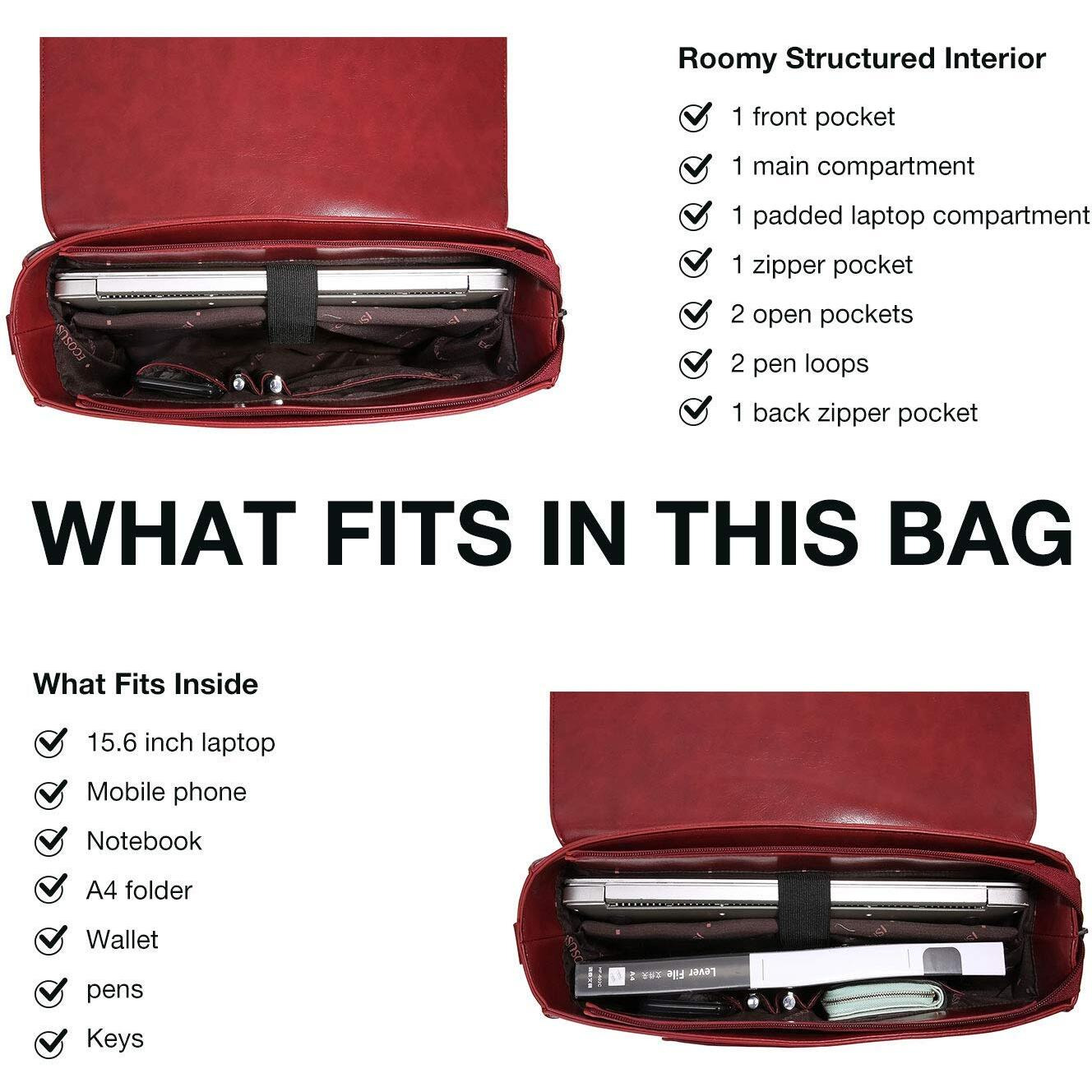 Ecosusi Women 's Briefcase Vegan Leather 15.6 Inch Laptop Bag For Work Computer Shoulder Satchel Bag With Detachable Bow, Red
