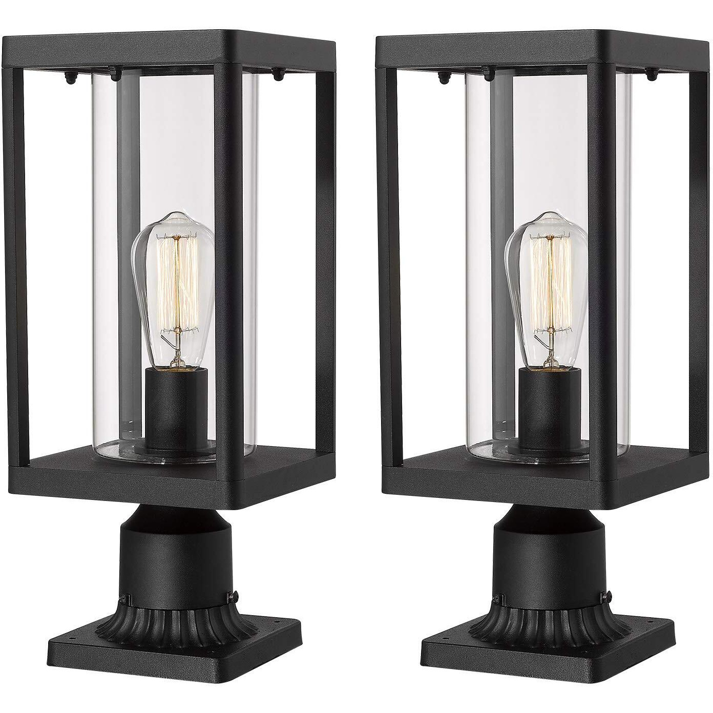 Beionxii Outdoor Post Lantern, 20Inch Large Modern Lamp Post Light Fixture Exterior Pillar Lights With Pier Mount Base, Black Cast Aluminum W/Clear Cylinder Glass - A291P-2Pk