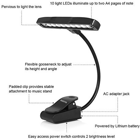 Kootek Music Stand Light, Clip On Piano Lights 10 Led Adjustable Neck Rechargeable Usb Orchestra Light Book Lamp
