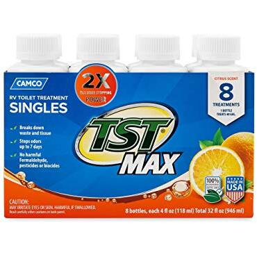 Camco Tst Ultra-Concentrate Orange Scent Rv Toilet Treatment Formaldehyde Free Breaks Down Waste And Tissue Septic Tank Safe Treats Up To 8 - 40 Gallon Holding Tanks (8-Pack Of 4 Ounce Singles)  Tst