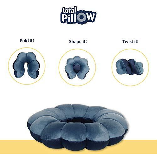 Total Pillow Travel Neck, Head, And Lumbar Support Pillow, Fleece Twistable Travel Pillow Filled With Microbeads (Blue)
