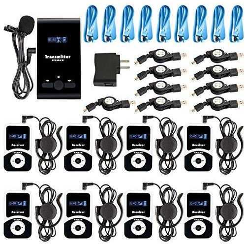 Exmax Ex-100 72-76Mhz Wireless Tour Guide System Live Translator Microphone Church Translation Devices Simultaneous Interpreting Equipment Conference Social Distancing (1 Transmitter 8 Receivers)