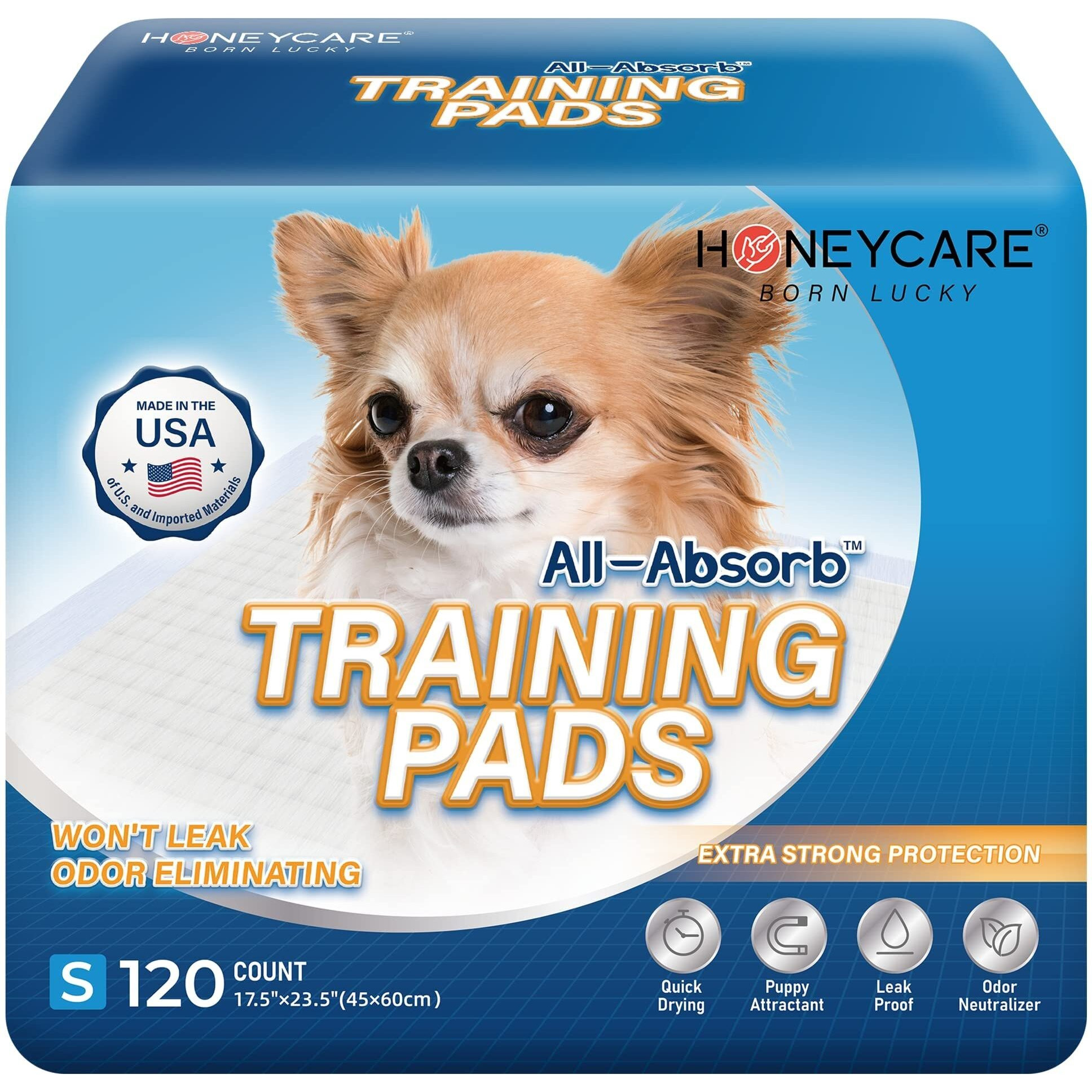 Honey Care All-Absorb, Small 17.5"" X 23.5"", 120 Count, Dog And Puppy Training Pads, Ultra Absorbent And Odor Eliminating, Leak-Proof 5-Layer Potty Training Pads With Quick-Dry Surface, Blue, A05