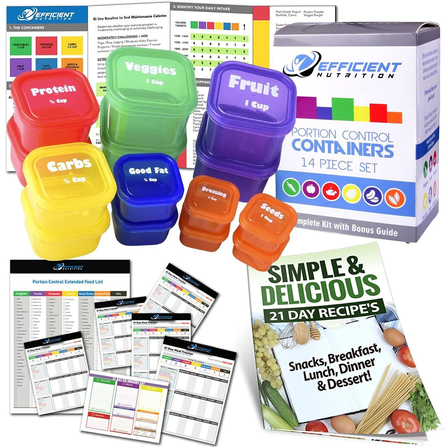 Efficient Nutrition Portion Control Containers Deluxe Kit (14-Piece) With Complete Guide + 21 Day Planner + Recipe Ebook Bpa Free Color Coded Meal Prep System For Diet And Weight Loss
