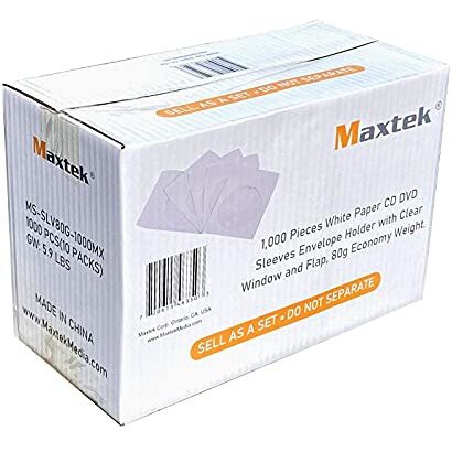Maxtek 1,000 Pieces White Paper Cd Dvd Sleeves Envelope Holder With Clear Window And Flap, 80G Economy Weight.