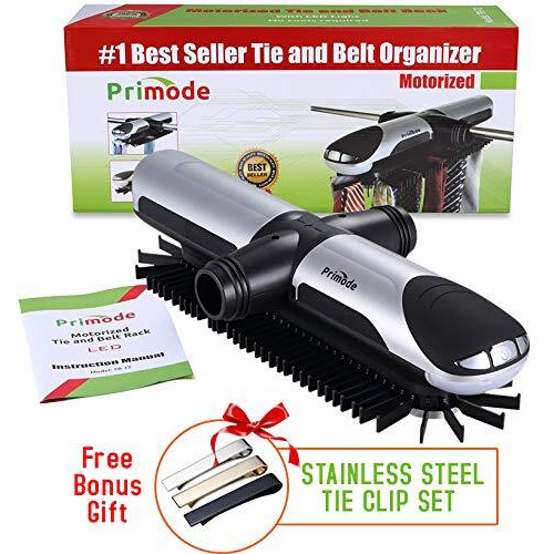 Primode Motorized Tie Rack Closet Organizer With Led Lights, Bonus Stainless Steel Tie Clip Set, Includes J Hooks For Wired Shelving Stores Up To 72 Ties With 8 Belts, Rotation Operates With Batteries