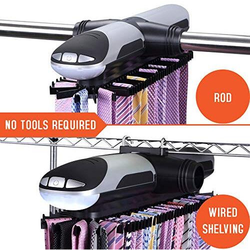 Primode Motorized Tie Rack Closet Organizer With Led Lights, Bonus Stainless Steel Tie Clip Set, Includes J Hooks For Wired Shelving Stores Up To 72 Ties With 8 Belts, Rotation Operates With Batteries