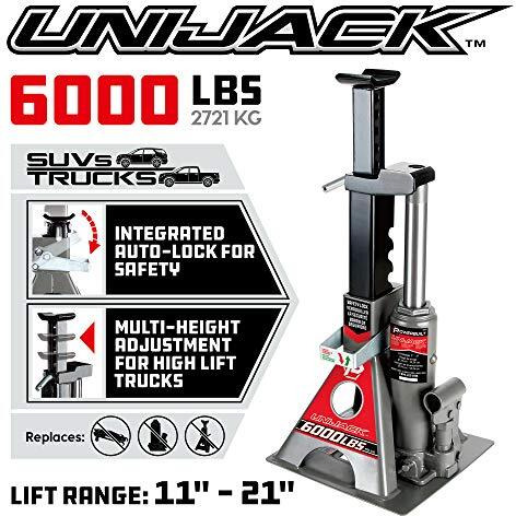 Powerbuilt 3 Ton, Bottle Jack And Jack Stands In One, 6000 Pound Capacity, All-In-One Car Lift, Heavy Duty Vehicle Unijack, Wide Base, 620471