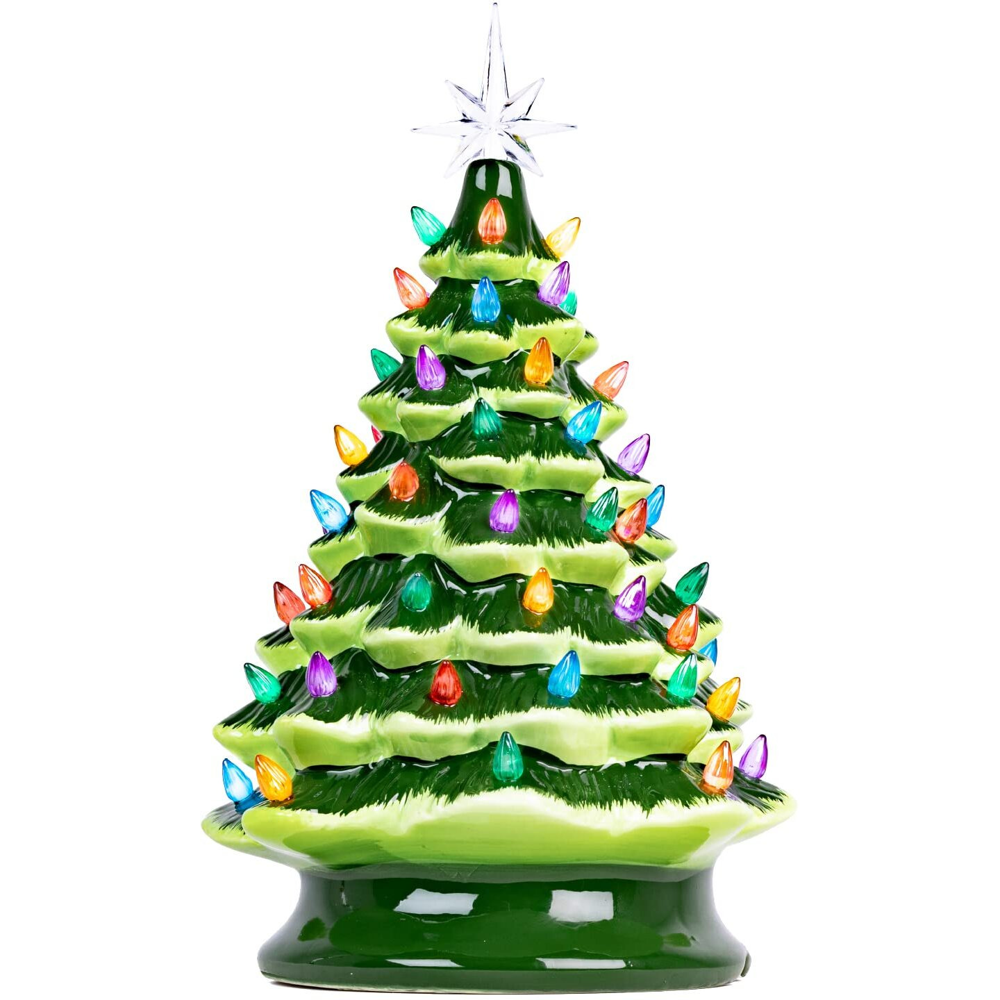 Christmas Is Forever Lighted Tabletop Ceramic Tree, 16 Inch Green Tree With Multicolored Lights