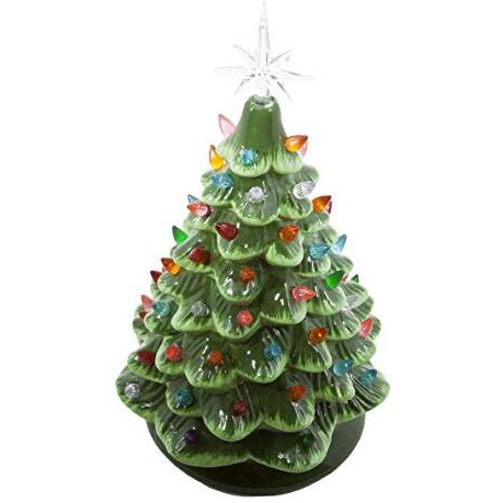 Christmas Is Forever Lighted Tabletop Ceramic Tree, 16 Inch Green Tree With Multicolored Lights