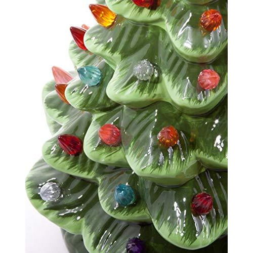Christmas Is Forever Lighted Tabletop Ceramic Tree, 16 Inch Green Tree With Multicolored Lights