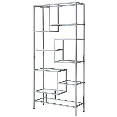Bookcase - 72"&quotH / Silver Metal With Tempered Glass