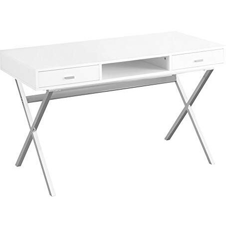 Monarch Specialties Laptop Table With Drawers And Open Shelf Computer, Writing Desk, Metal Sturdy Legs, 48"" L, Glossy White