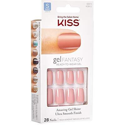 Kiss Gel Fantasy Press On Nails, Nail Glue Included, Ribbons', Pink, Short Size, Squoval Shape, Includes 28 Nails, 2G Glue, 1 Manicure Stick, 1 Mini File