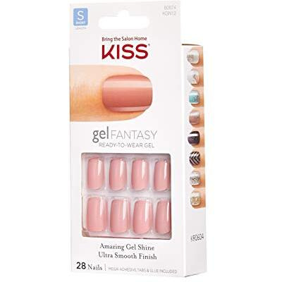 Kiss Gel Fantasy Press On Nails, Nail Glue Included, Ribbons', Pink, Short Size, Squoval Shape, Includes 28 Nails, 2G Glue, 1 Manicure Stick, 1 Mini File