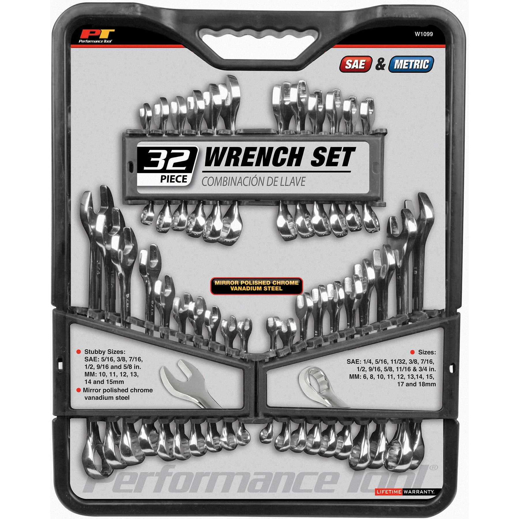Performance Tool W1099 32-Piece Sae And Metric Wrench Set With Premium Mirror Polished Chrome Vanadium Steel And Organizer Tray