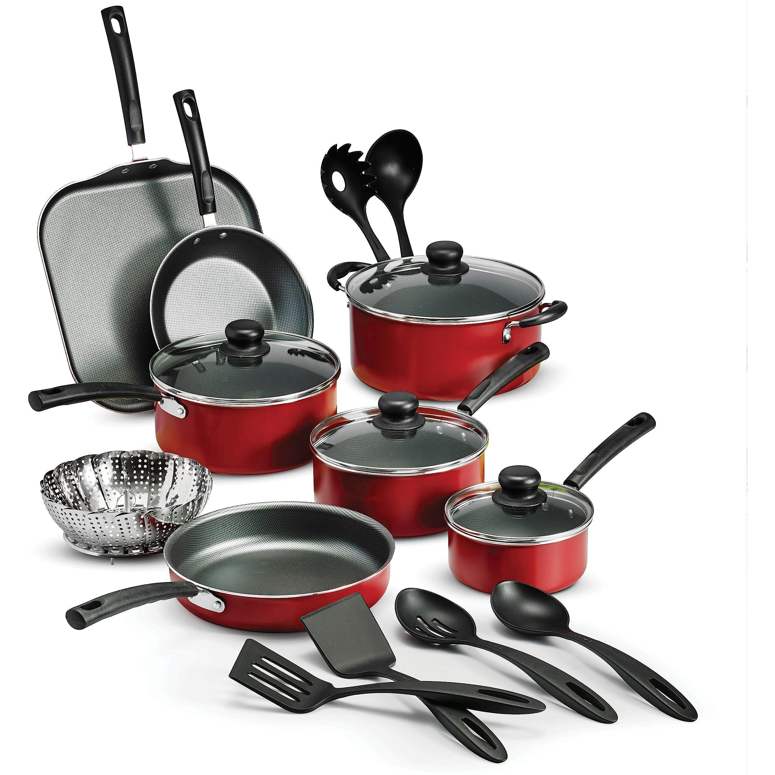 Tramontina 18 Piece Nonstick Cookware Set - Red - Aluminum Construction, Dishwasher Safe, Compatible With Gas, Electric, Ceramic Cooktops - Includes Saut Pans, Griddle, Dutch Oven, Cooking Utensils