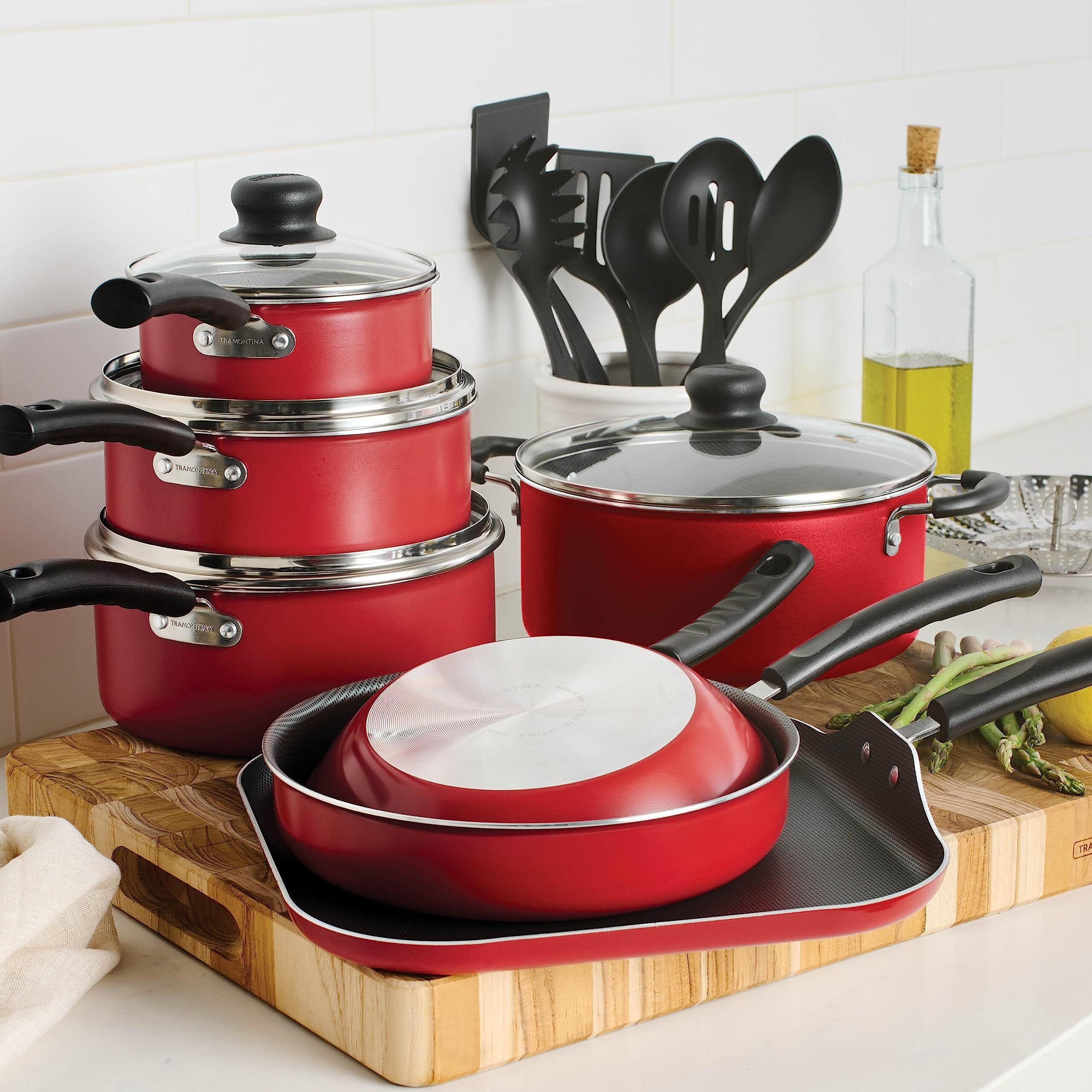 Tramontina 18 Piece Nonstick Cookware Set - Red - Aluminum Construction, Dishwasher Safe, Compatible With Gas, Electric, Ceramic Cooktops - Includes Saut Pans, Griddle, Dutch Oven, Cooking Utensils
