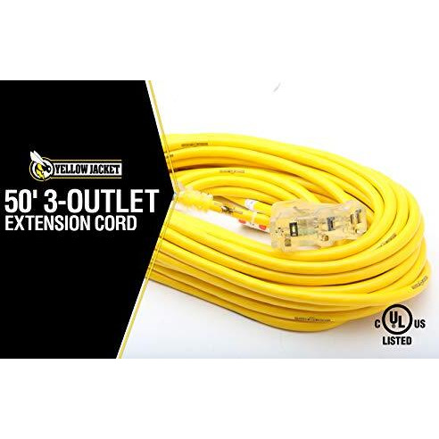 Yellow Jacket 2827 12/3 15-Amp Sjtw Contractor Power Block, Heavy Duty, Multi, Lighted Outlets, Weather Resistant Jacket, Feet, Extension Cord, 50 Ft
