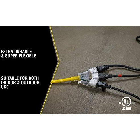 Yellow Jacket 2827 12/3 15-Amp Sjtw Contractor Power Block, Heavy Duty, Multi, Lighted Outlets, Weather Resistant Jacket, Feet, Extension Cord, 50 Ft