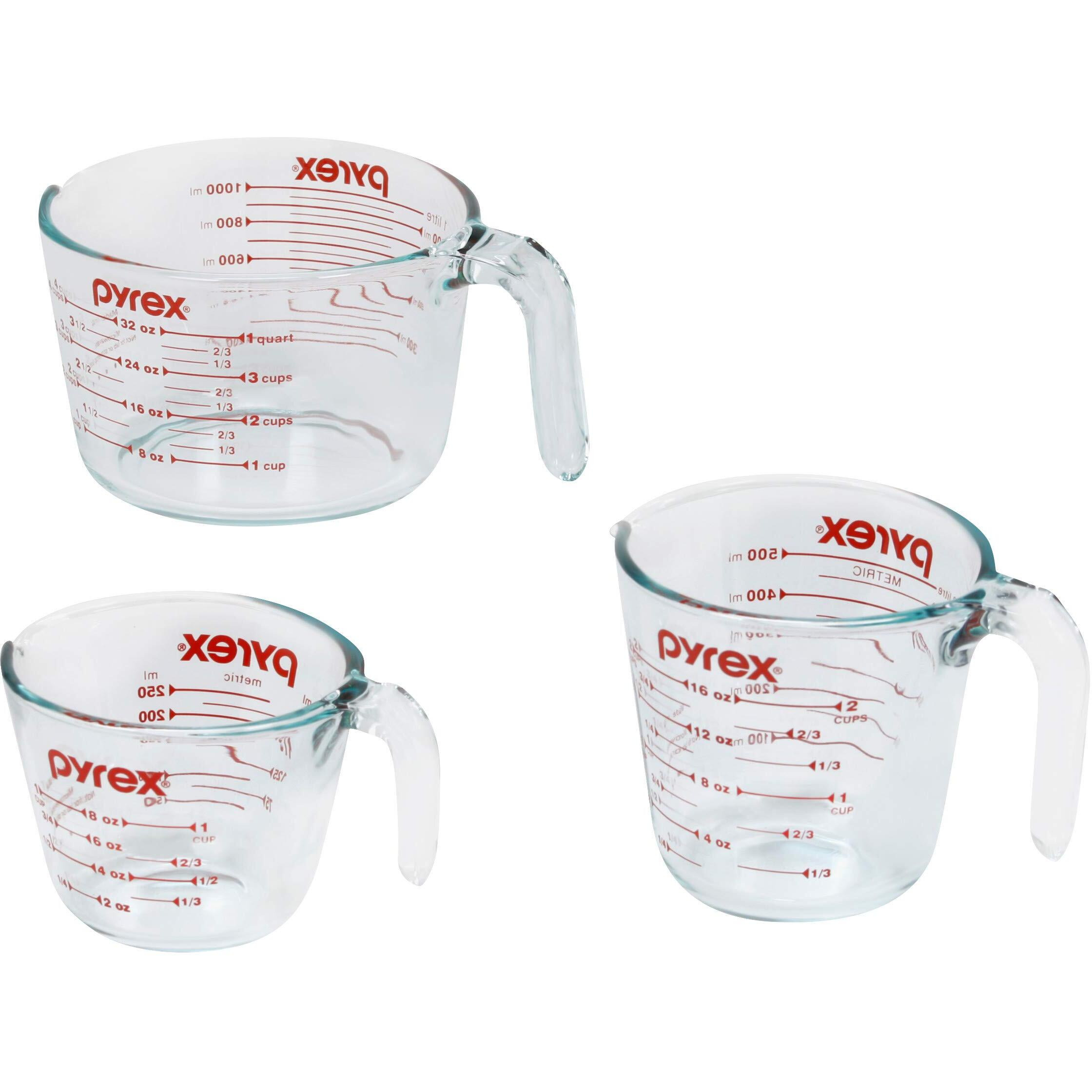 Pyrex 3 Piece Measuring Cup Set, Includes 1, 2, And 4 Tempered Glass Liquid Measuring Cups, Dishwasher, Freezer, Microwave, And Oven Safe, Essential Kitchen Tools