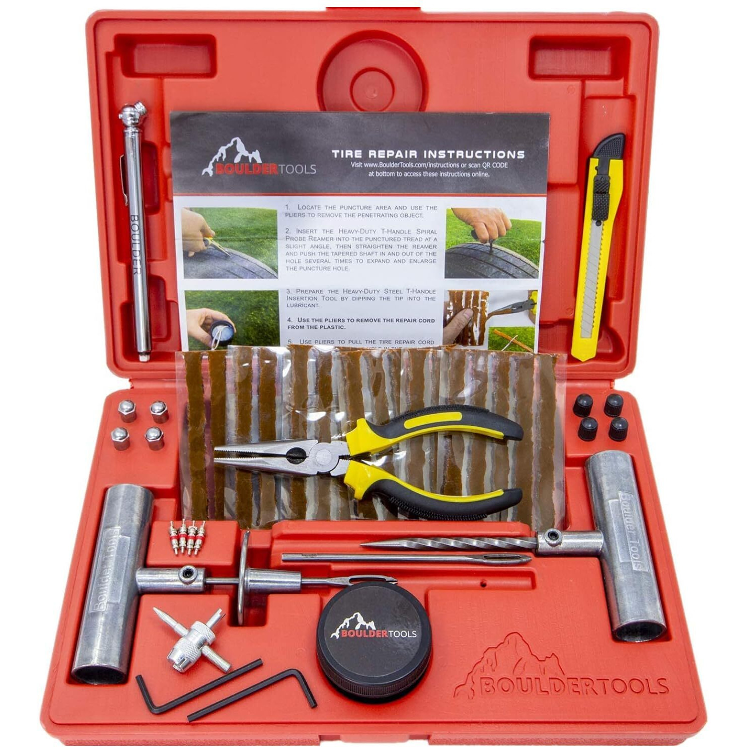 Boulder Tools Heavy Duty Tire Repair Kit - Flat Tire Puncture Repair Kit - Professional Tools For Quick And Easy Repair - Suitable Tire Plug Kit For Car, Truck, Rv, Motorcycle, Tractor, And Trailer