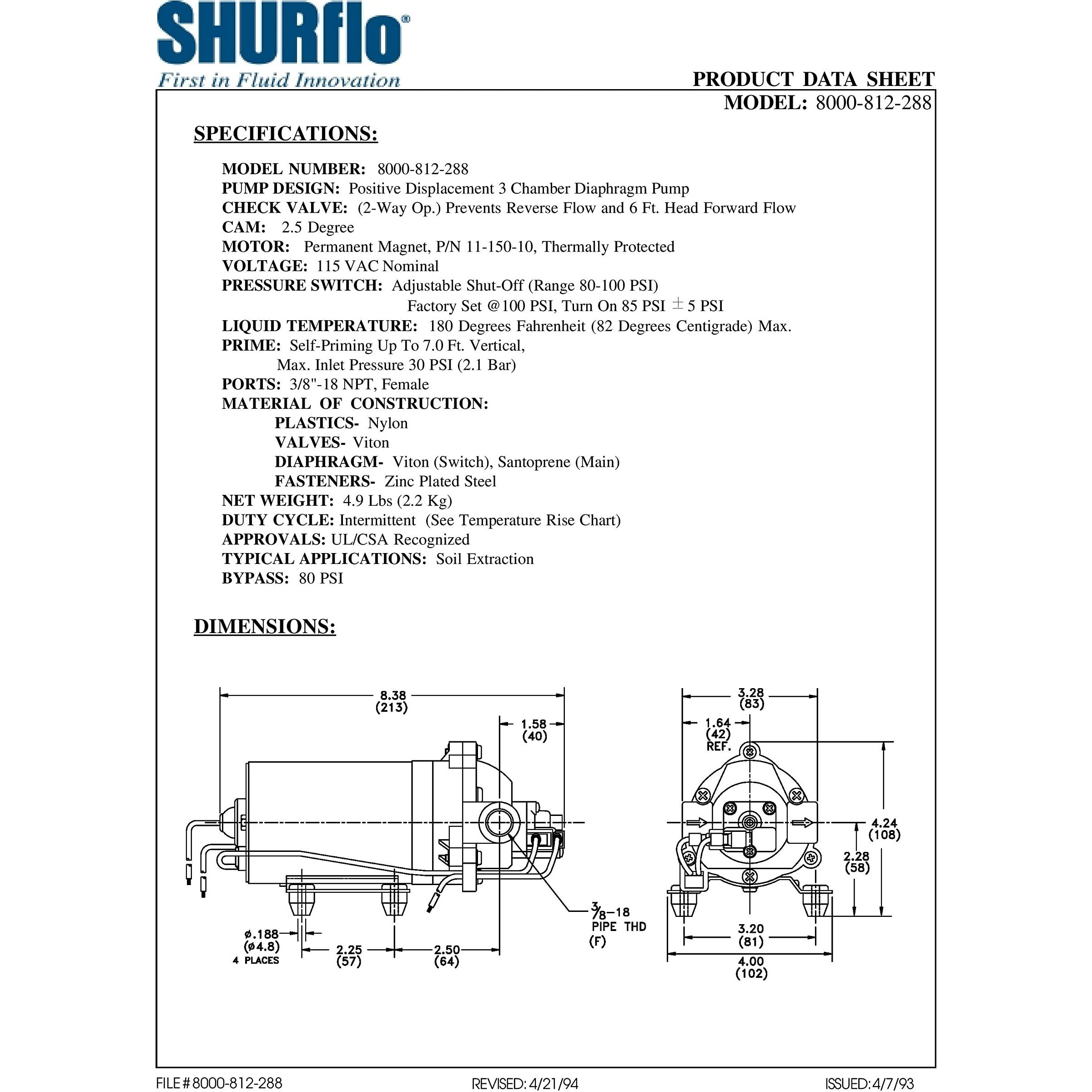 Shurflo 8000-812-288 On Demand Diaphragm Water Pump For Agriculture Spraying And Fluid Transfer, 115Vac, 1.4Gpm, 100Psi, Chemical-Resistant Materials, Viton Valve, Self-Priming, Can Run Dry