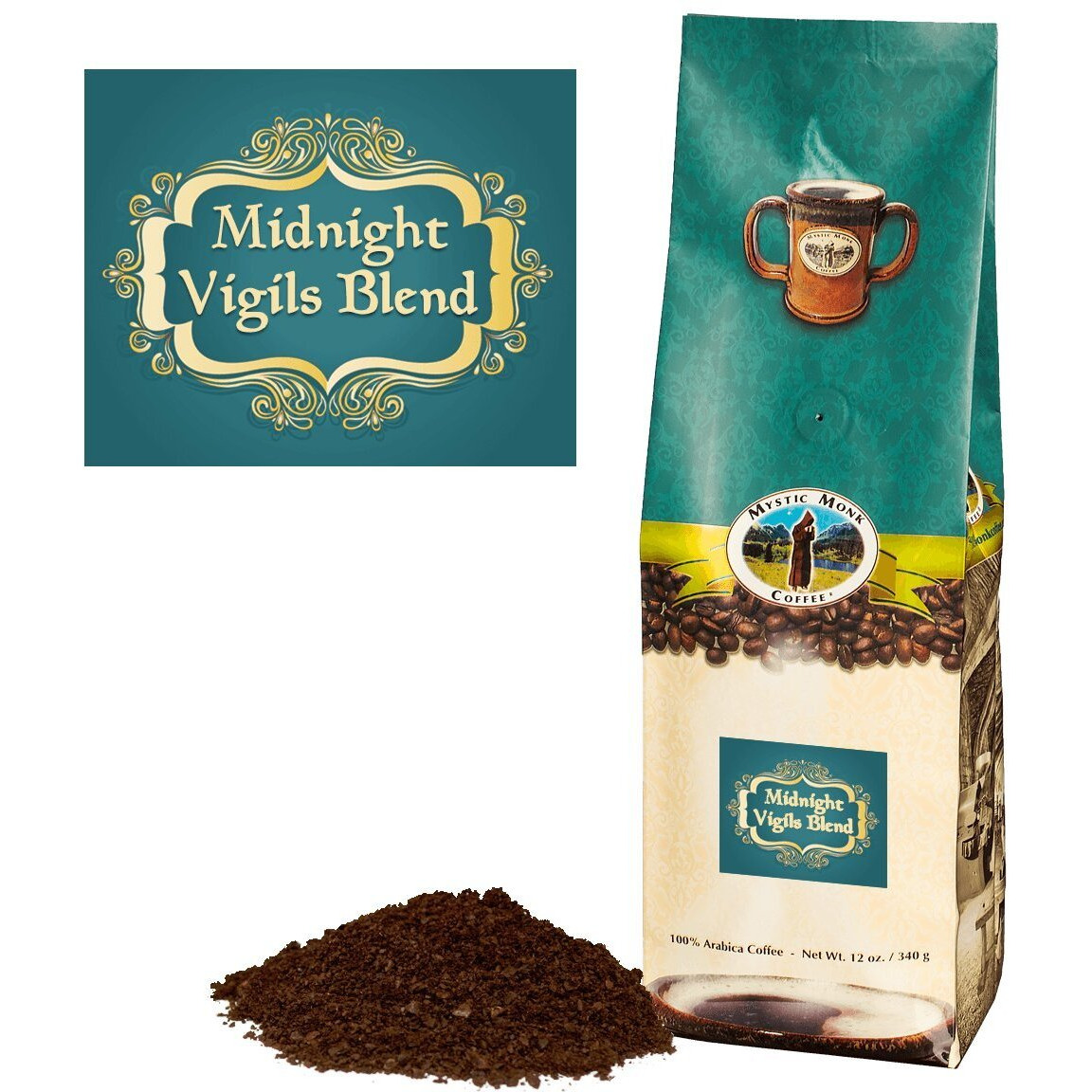 Mystic Monk Coffee Midnight Vigils Blend | Ground Dark Roast Coffee (Ground Coffee 100% Arabica) - 12Oz