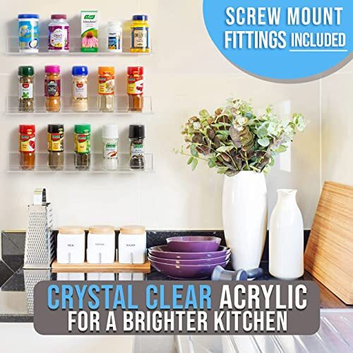 Pretty Display Wall Mount Spice Rack Crystal Clear Acrylic Spice Rack Organizer 3 Pk] - Invisible Minimalist Shelf Design - Strong & Easy To Install- 15A Customizable Wall Mounted Spice Shelves