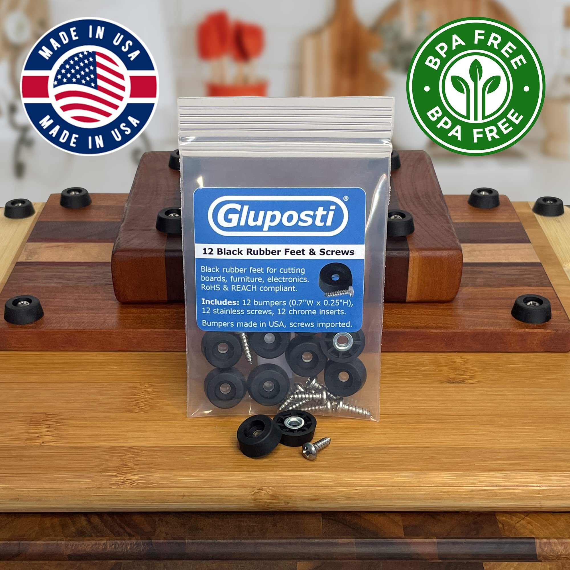 Soft Rubber Feet For Cutting Board With Stainless Screws, Cutting Board Feet Non Slip Rubber Feet For Electronics, Small Rubber Bumpers For Furniture, Made In Usa, 0.67 "" W X 0.25 "" H (12 Pack)